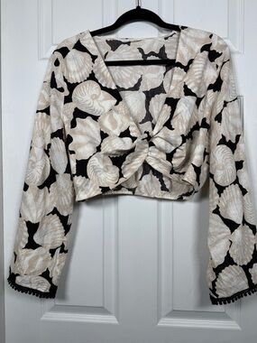 H&M Linen Blend Shell Print Tie Front Crop Top Coastal Boho L